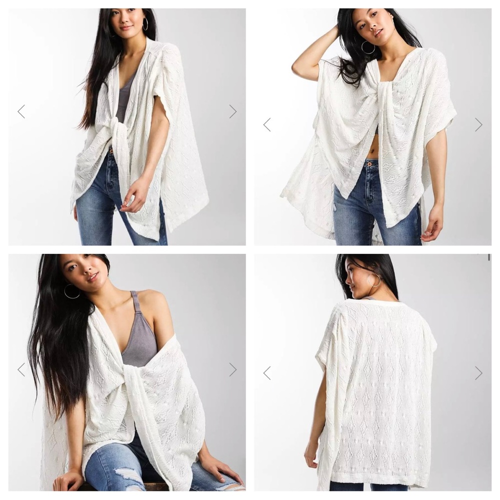 Free People Twist Short Sleeve Cardigan Sweater Shirt Cream Ivory White Medium